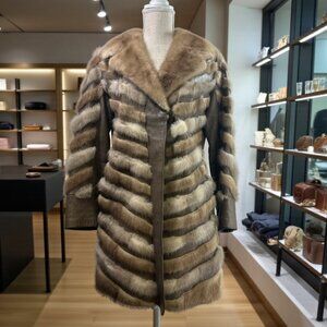 Vintage Fur Leather Chevron Pattern Coat 70s Disco Glam Pieced Jacket Sz S